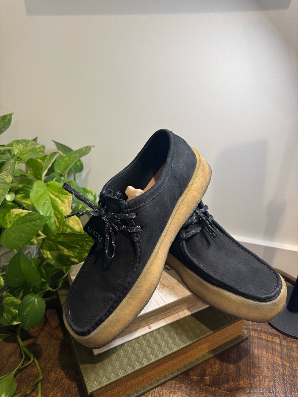 Clarks Black Chukka Wallabee-Style Shoes with Tan Crepe Sole